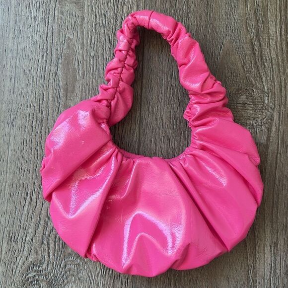 Nanushka Anja Mini Baguette Bag Pink Soft Patent Vegan Leather Gathered Purse - Picture 1 of 4